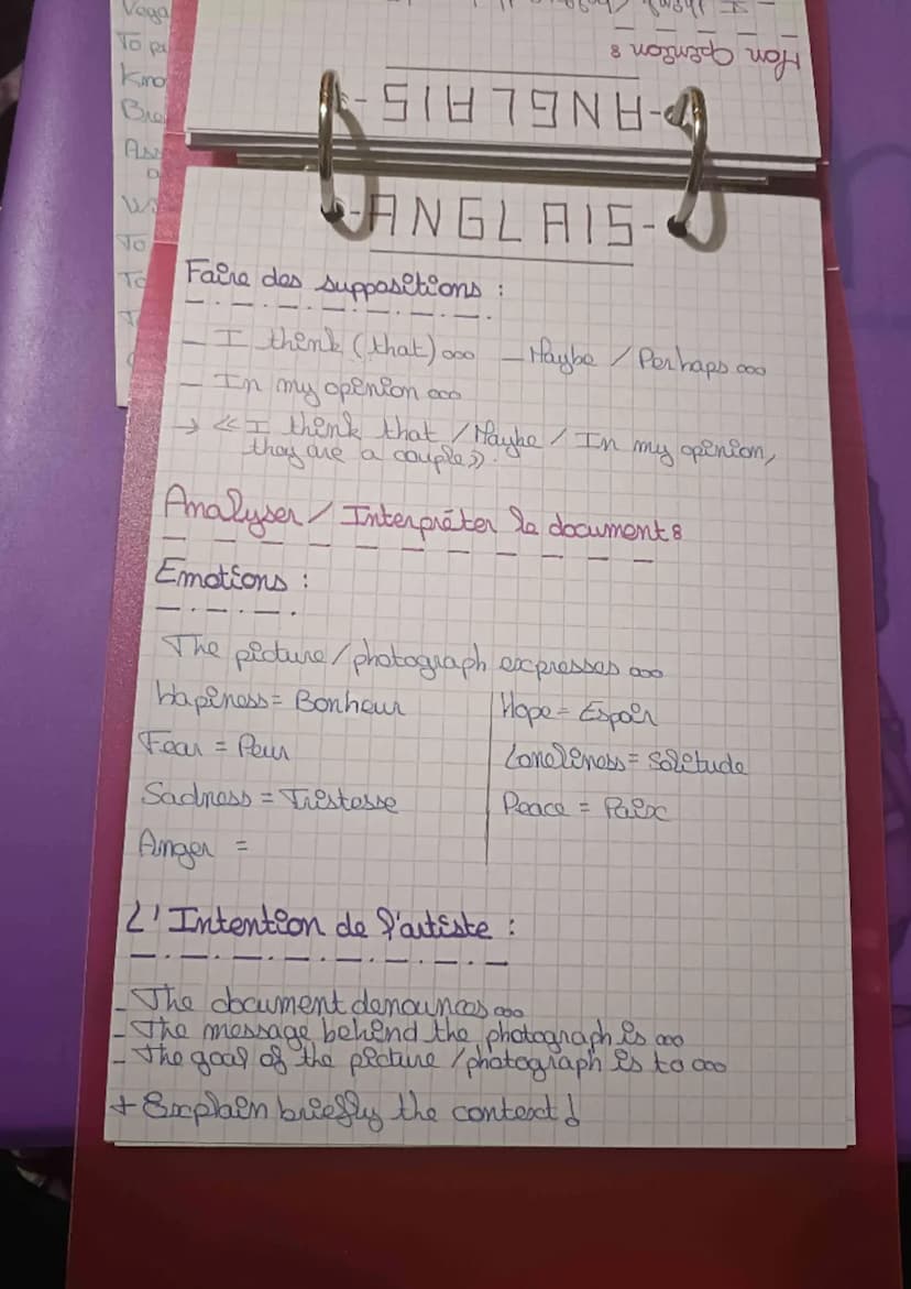 ANGLAIS-
Présenter un document en Anglaiss
Type de document:
Une pointure = a painting
Une affiche de Film = a movie poster
Une PUB= an ad
U