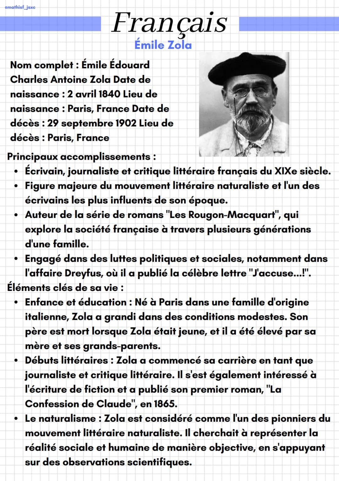 emathisf_jsxc
Nom complet : Émile Édouard
Charles Antoine Zola Date de
naissance : 2 avril 1840 Lieu de
naissance : Paris, France Date de
dé