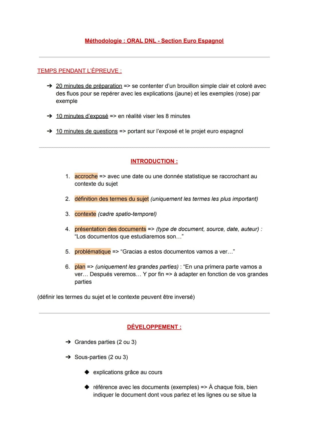 Méthodologie : ORAL DNL-Section Euro Espagnol
TEMPS PENDANT L'ÉPREUVE :
→ 20 minutes de préparation => se contenter d'un brouillon simple cl