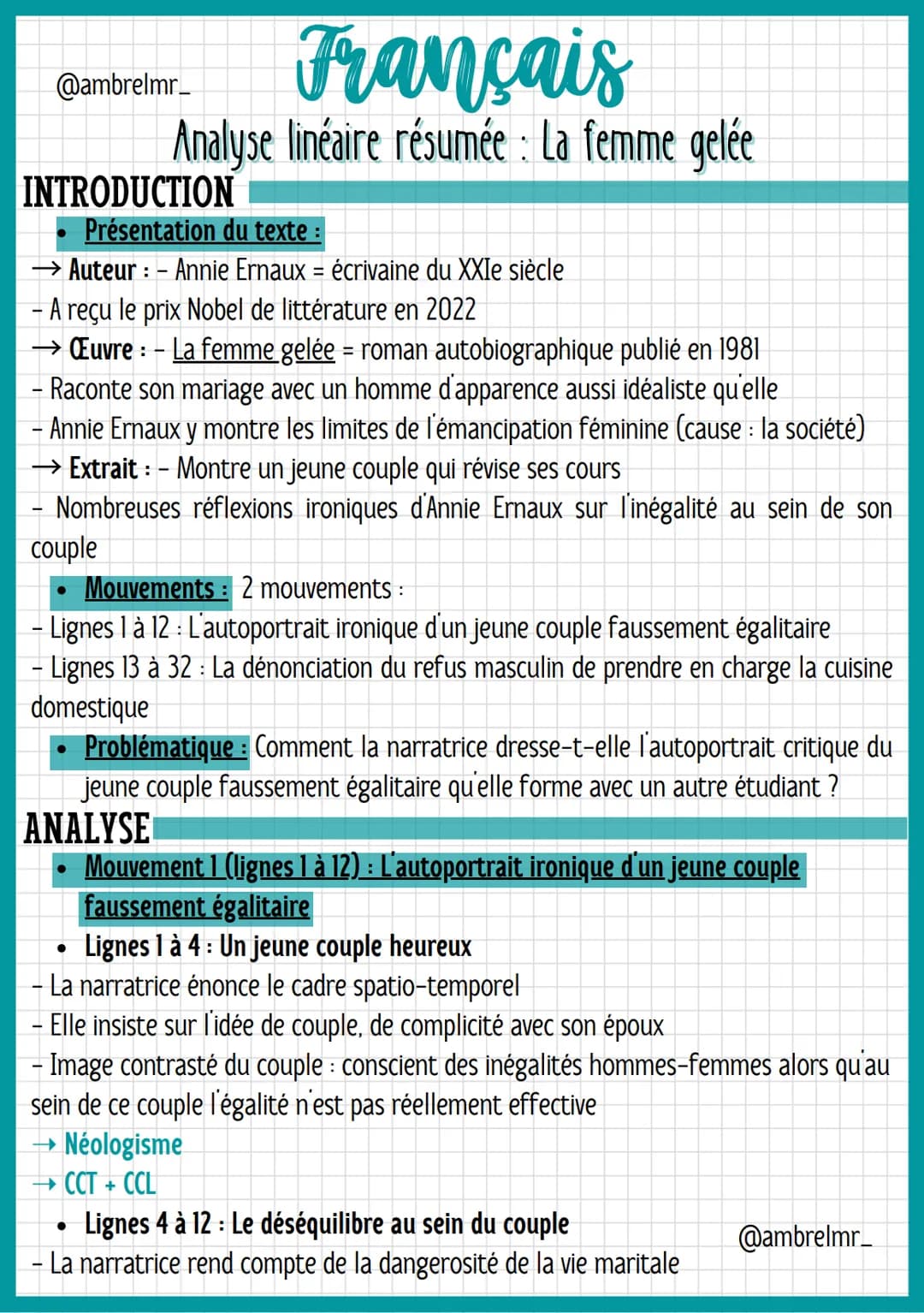 @ambrelmr_
Français
Analyse linéaire résumée : La femme gelée
INTRODUCTION
Présentation du texte :
→ Auteur : - Annie Ernaux = écrivaine du 