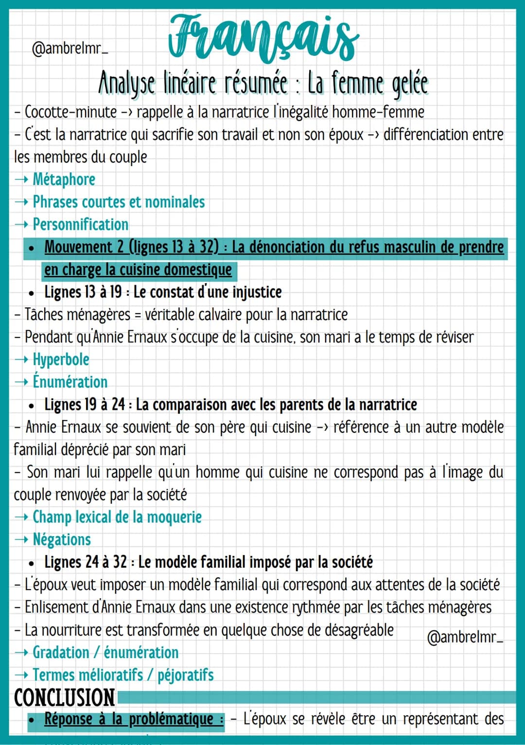 @ambrelmr_
Français
Analyse linéaire résumée : La femme gelée
INTRODUCTION
Présentation du texte :
→ Auteur : - Annie Ernaux = écrivaine du 