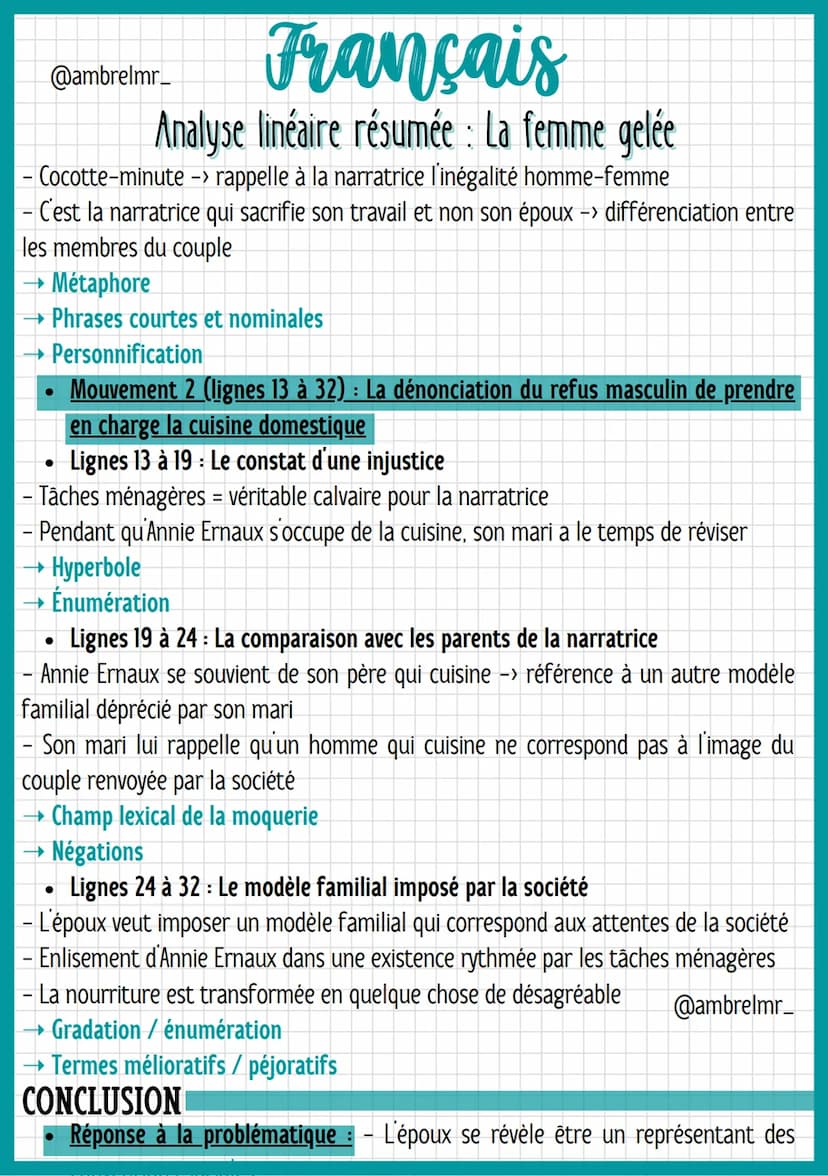 @ambrelmr_
Français
Analyse linéaire résumée : La femme gelée
INTRODUCTION
Présentation du texte :
→ Auteur : - Annie Ernaux = écrivaine du 