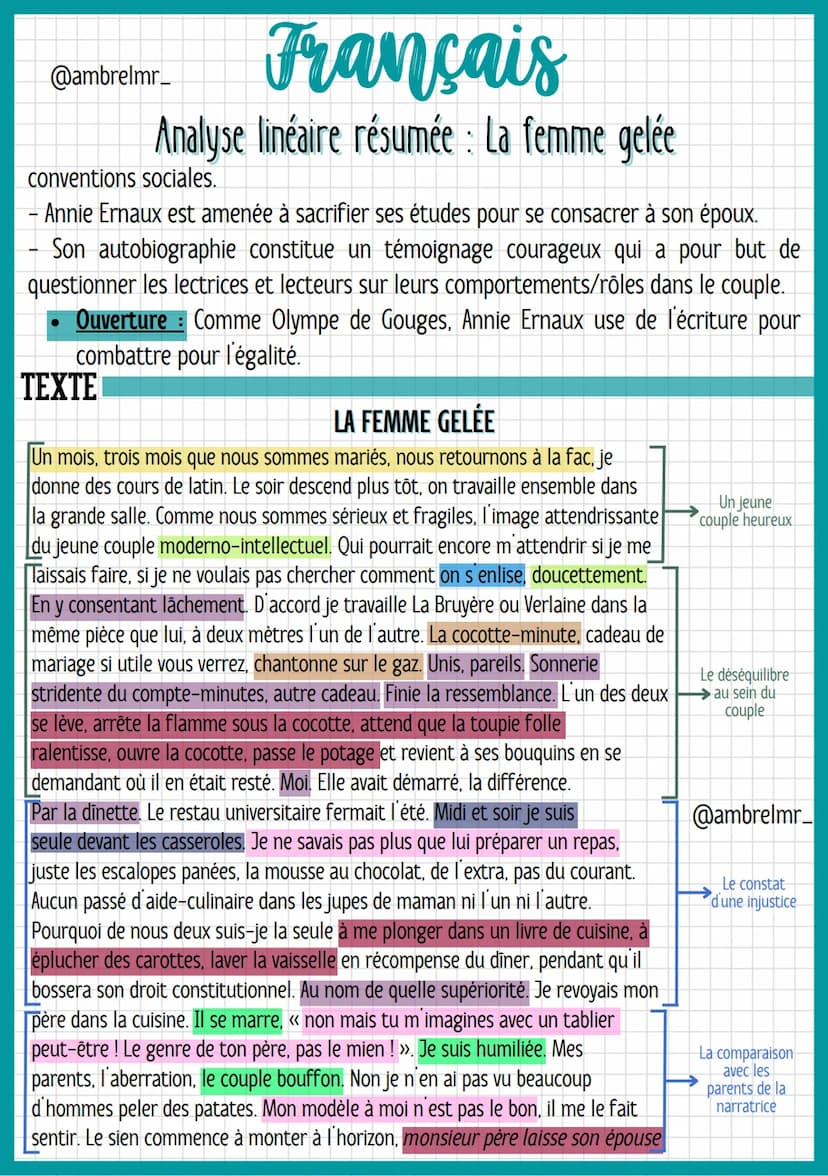 @ambrelmr_
Français
Analyse linéaire résumée : La femme gelée
INTRODUCTION
Présentation du texte :
→ Auteur : - Annie Ernaux = écrivaine du 