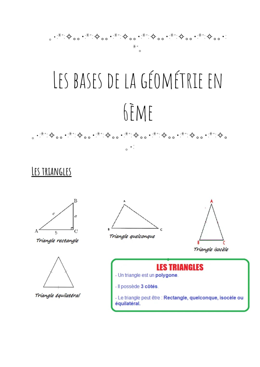 LES BASES DE LA GÉOMÉTRIE EN
6ÈME
LES TRIANGLES
A
b
B
0
C
Triangle rectangle
Triangle équilatéral
B
Triangle quelconque
с
27
Triangle isocèl