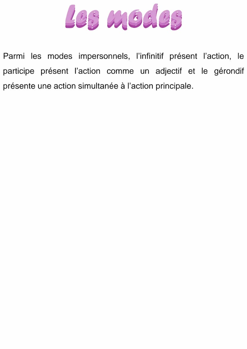 Les modes
Il existe 7 modes en français :
●
L'indicatif, le subjonctif,
le conditionnel,
l'impératif, l'infinitif,
le participe, le gérondif