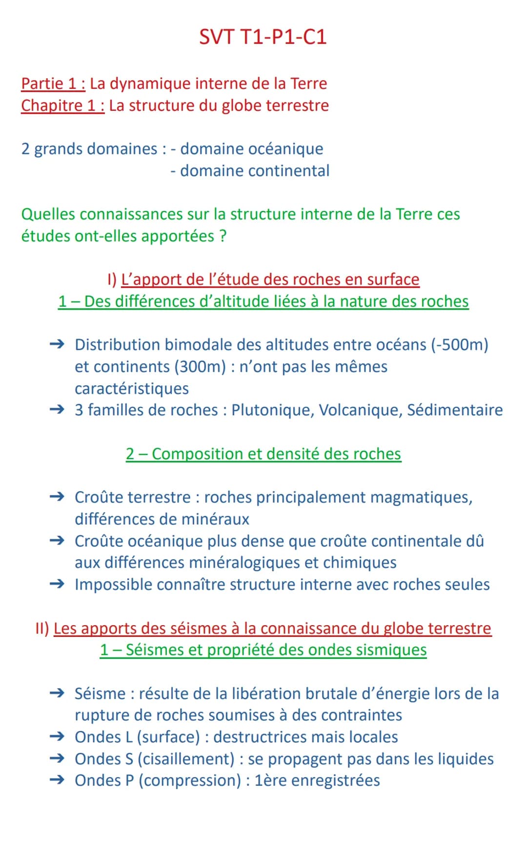 SVT T1-P1-C1
Partie 1: La dynamique interne de la Terre
Chapitre 1 : La structure du globe terrestre
2 grands domaines : - domaine océanique