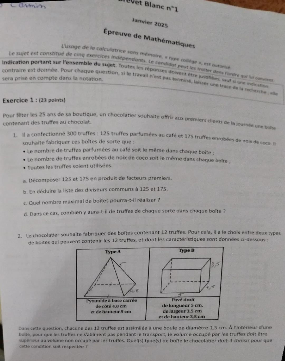 --- OCR Start ---
camin
et Blanc n°1
Janvier 2025
Épreuve de Mathématiques
Le sujet est constitué de cing exercices indépendants. Le condida