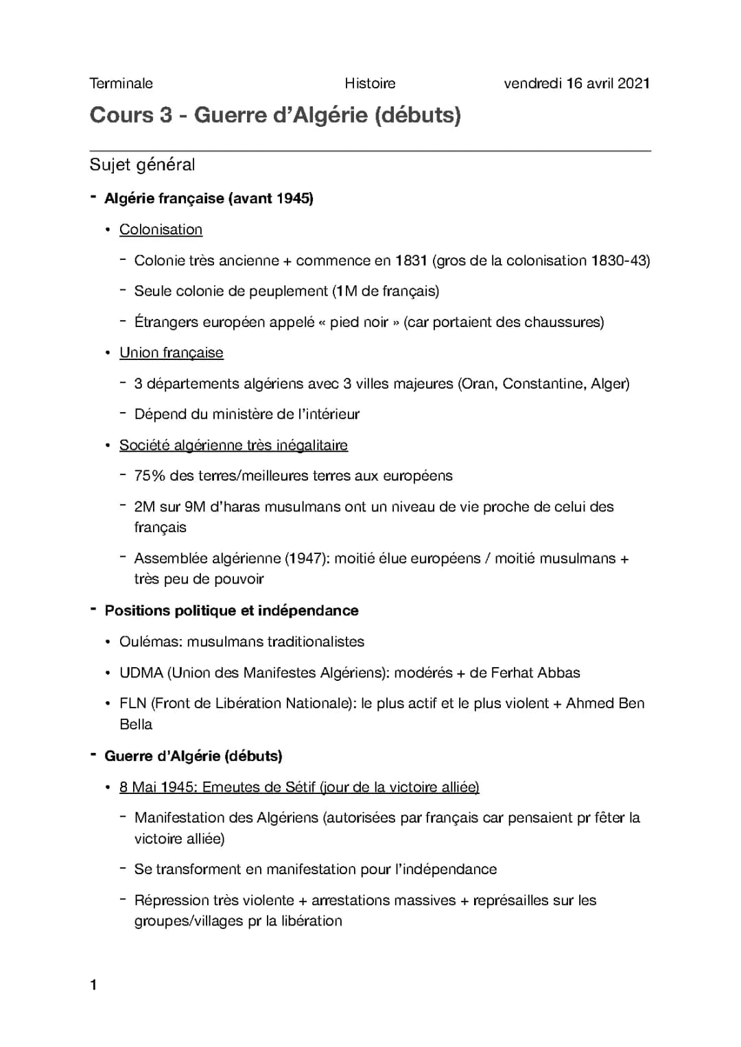 Cours 3.2 - Guerre d’Algerie (début)