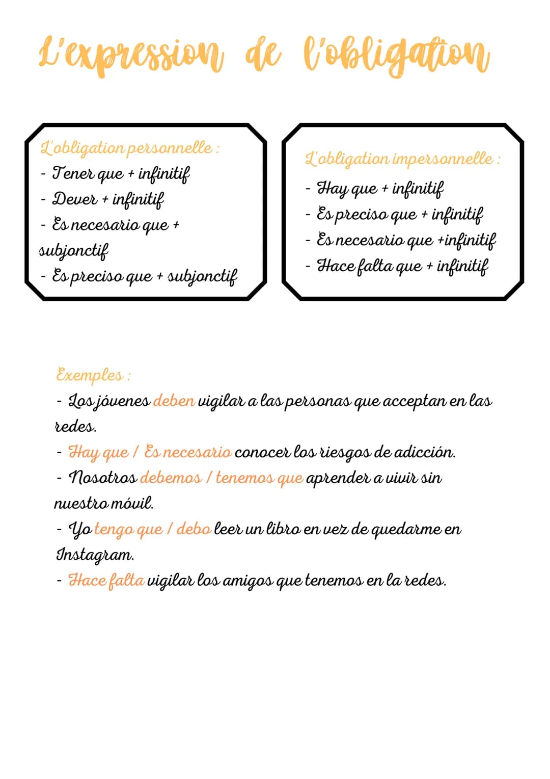 L'expression de l'obligation
L'obligation personnelle :
- Tener ・que + infinitif
- Dever + infinitif
- Es necesario que.
+
subjonctif
- Es p