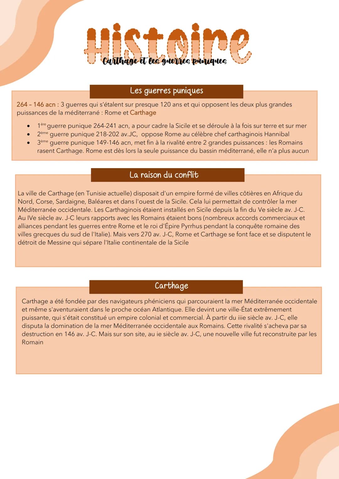 Hist Dine
Carthage et les guerres puniques
Les guerres puniques
264-146 acn: 3 guerres qui s'étalent sur presque 120 ans et qui opposent les