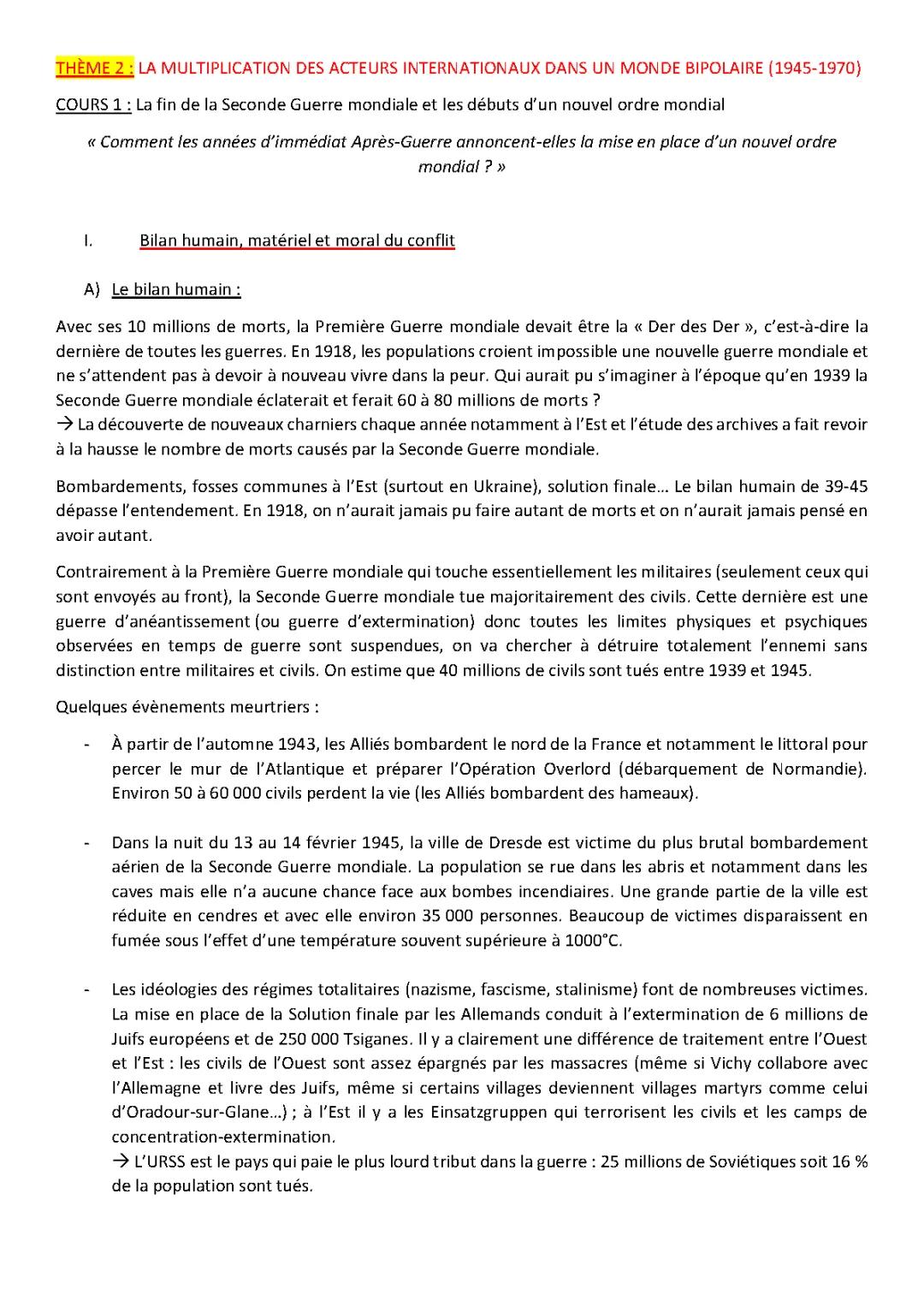 Comprendre la Bipolarisation du Monde et le Bilan de la Seconde Guerre Mondiale