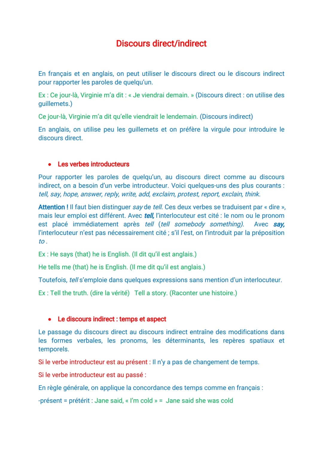 Discours direct/indirect
En français et en anglais, on peut utiliser le discours direct ou le discours indirect
pour rapporter les paroles d