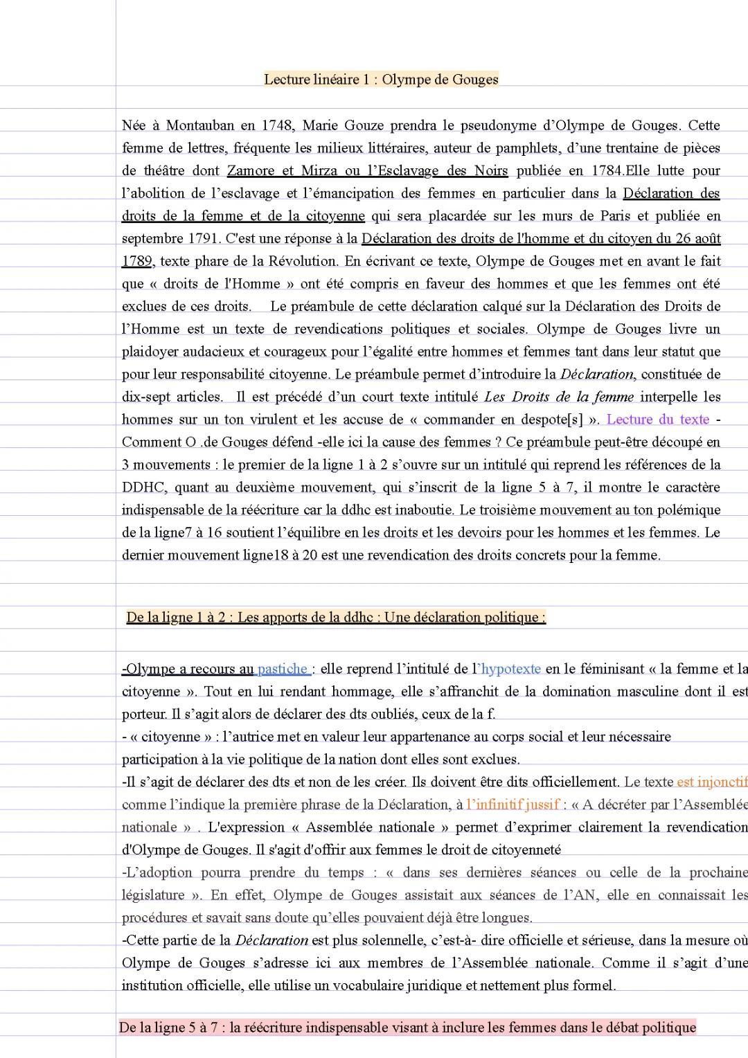 Fiche de Lecture: Déclaration des Droits de la Femme Olympe de Gouges - PDF et Résumé