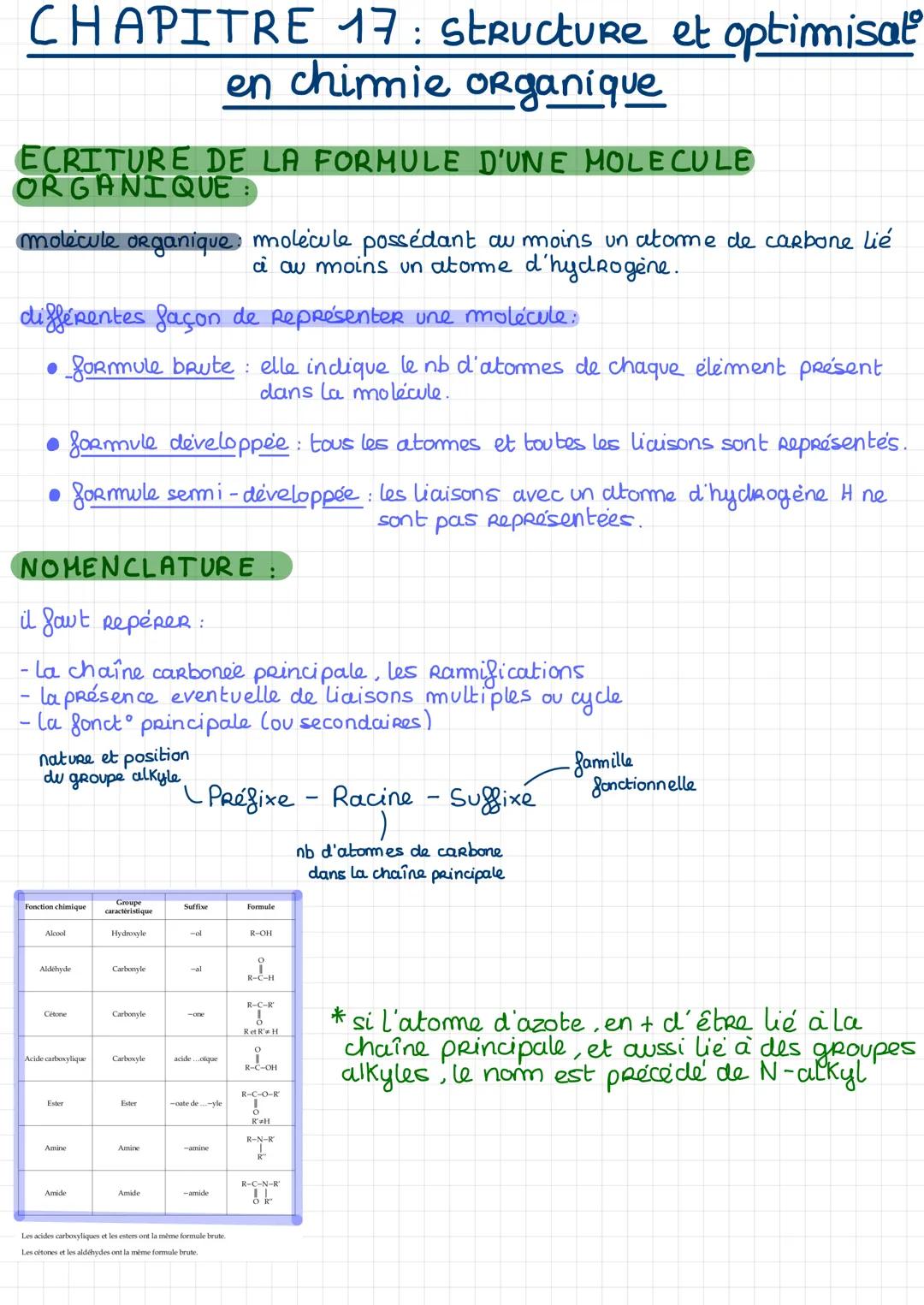 # CHAPITRE 17: Structure et optimisat
en chimie organique

ECRITURE DE LA FORMULE D'UNE MOLECULE
ORGANIQUE:

molécule organique: molécule po