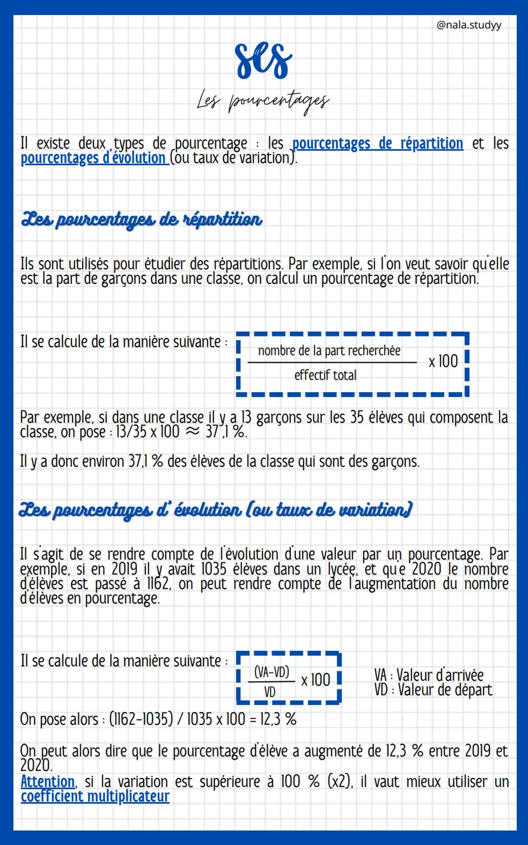 ses
Les pourcentages
Il existe deux types de pourcentage : les pourcentages de répartition et les
pourcentages d'évolution (ou taux de varia