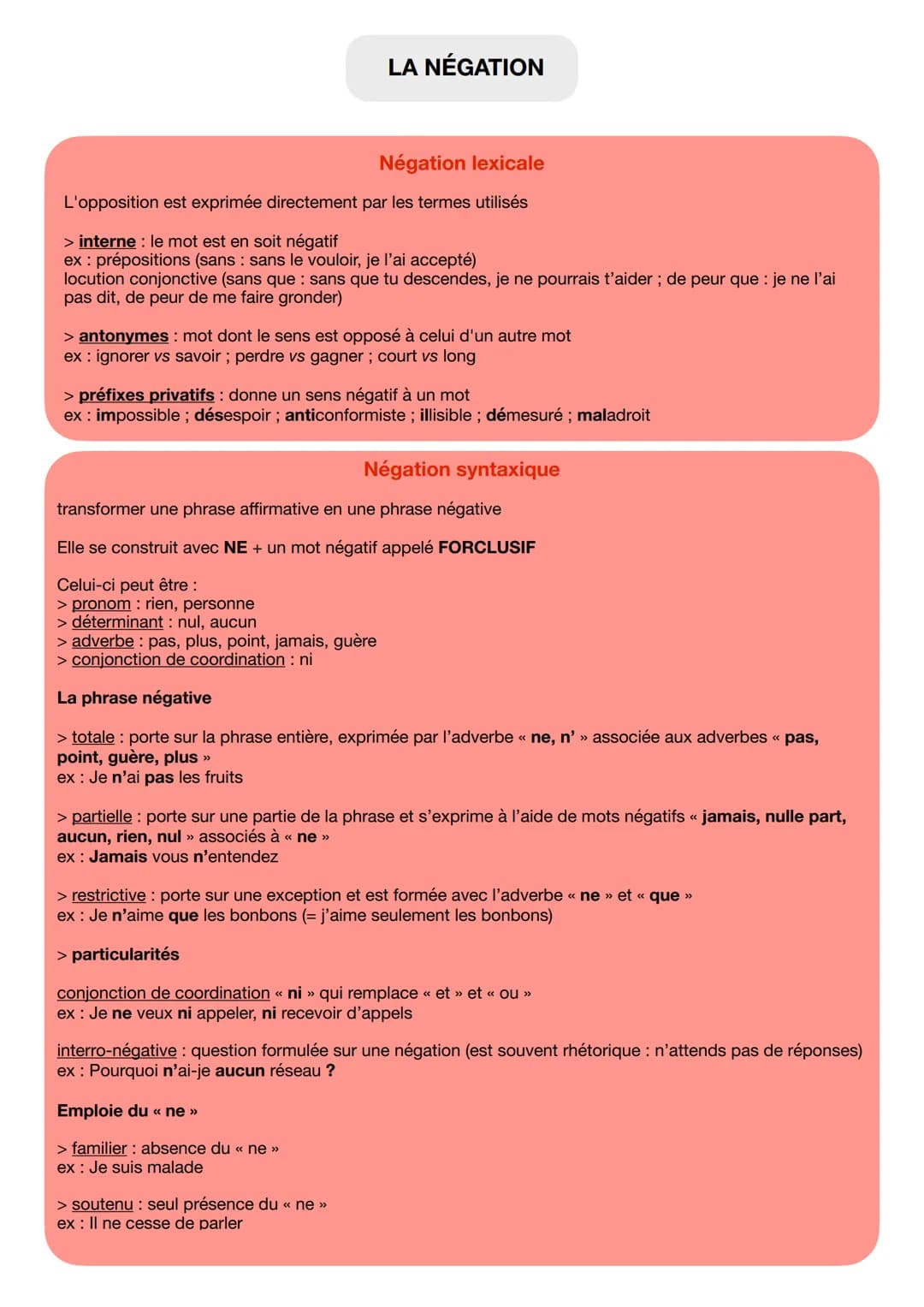 Négation lexicale
L'opposition est exprimée directement par les termes utilisés
> interne : le mot est en soit négatif
ex : prépositions (sa