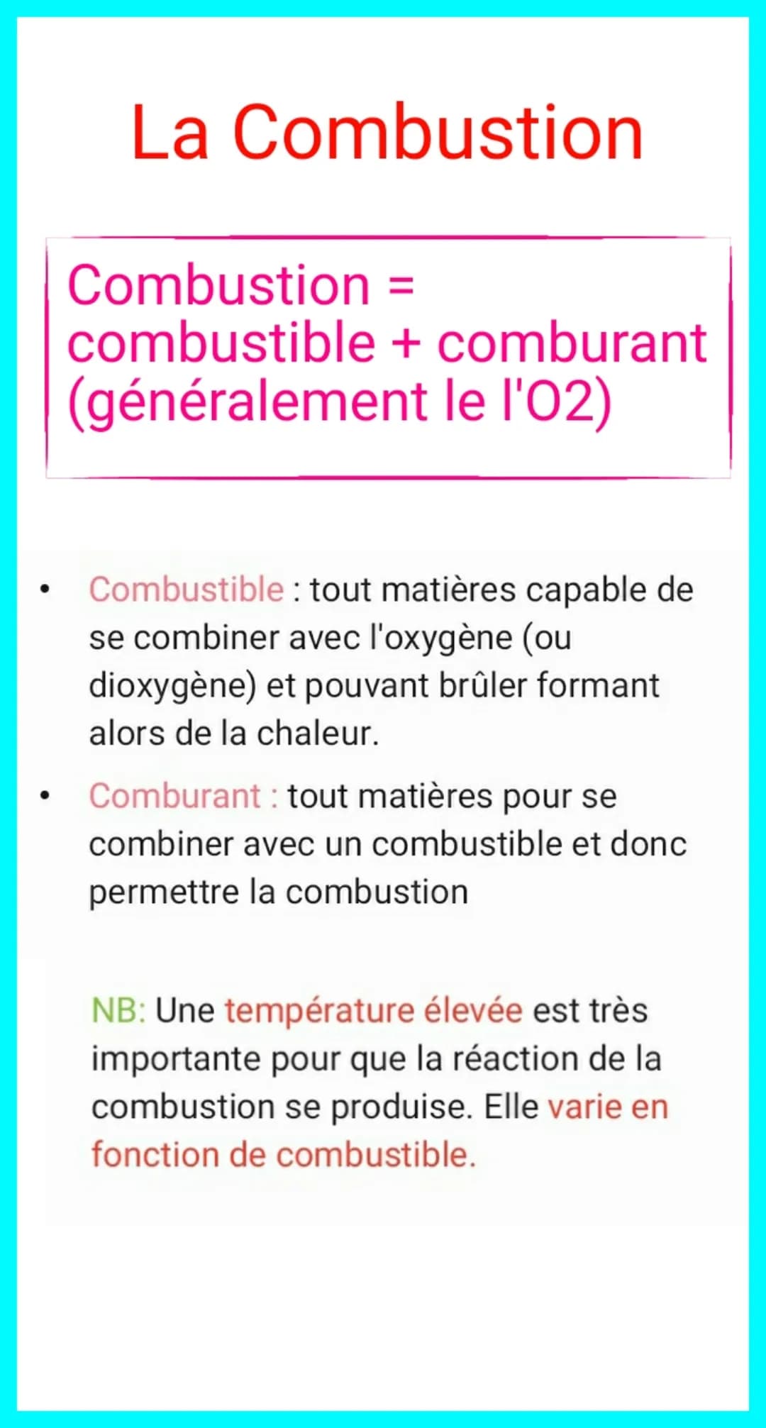 ●
La Combustion
Combustion =
combustible + comburant
(généralement le l'02)
Combustible: tout matières capable de
se combiner avec l'oxygène