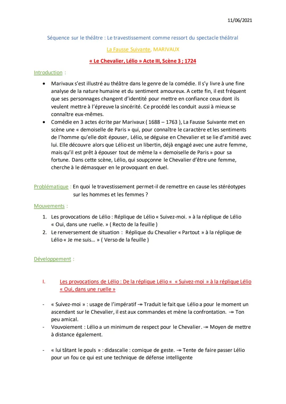 ●
Introduction :
Marivaux s'est illustré au théâtre dans le genre de la comédie. Il s'y livre à une fine
analyse de la nature humaine et du 