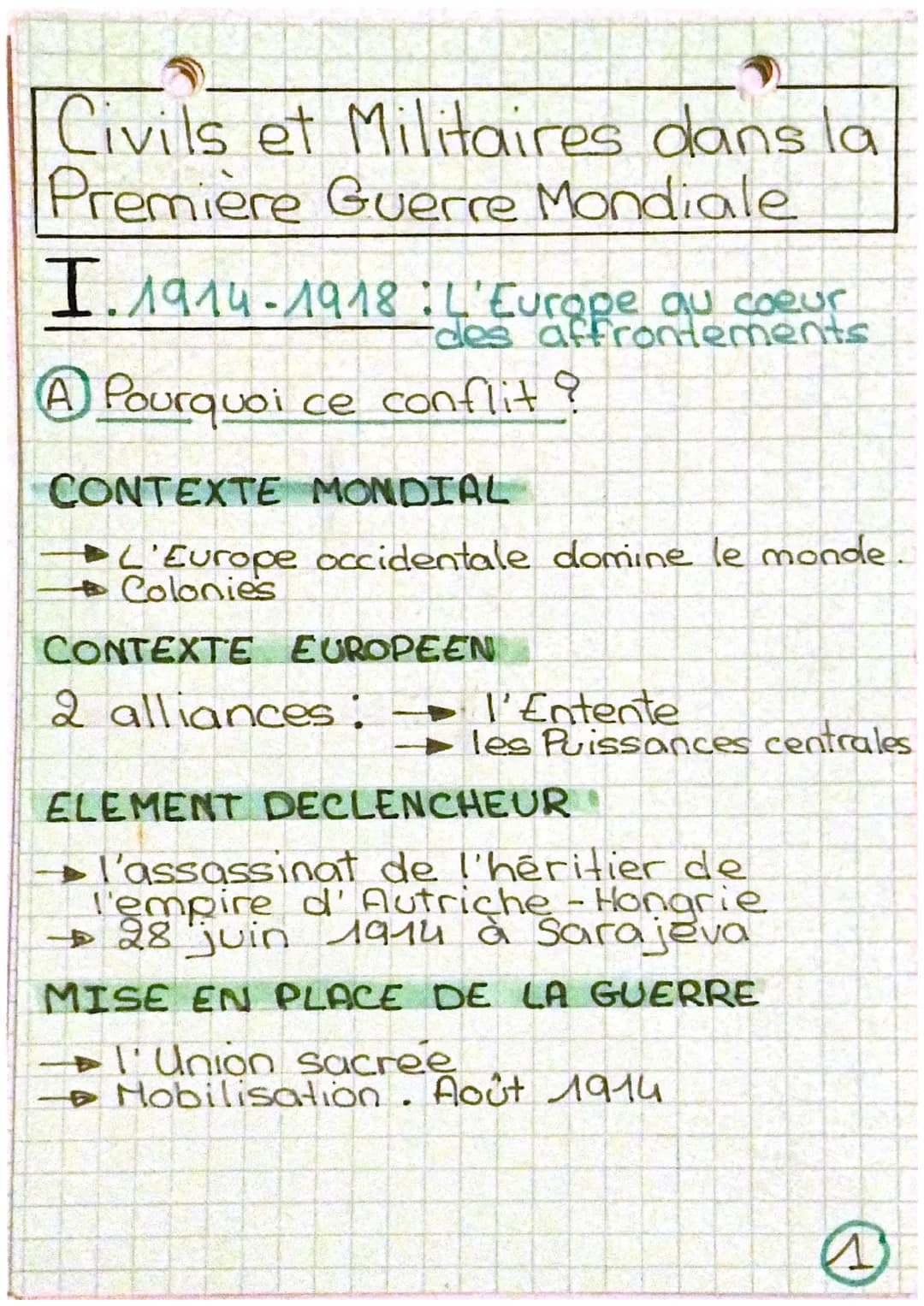 Civils et Militaires dans la
Première Guerre Mondiale
I. 1914-1918 L'Europe au coeur
A Pourquoi ce conflit?
des affrontements
CONTEXTE MONDI