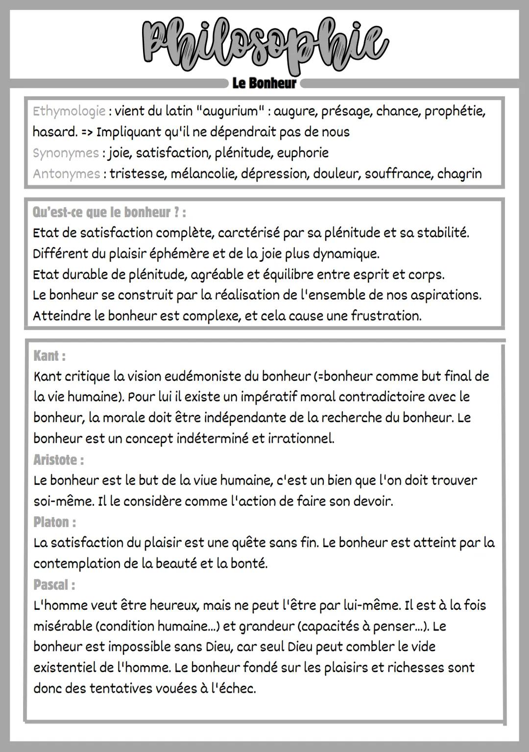 --- OCR Start ---
Philosophic
Le Bonheur
Ethymologie: vient du latin "augurium": augure, présage, chance, prophétie,
hasard. => Impliquant q