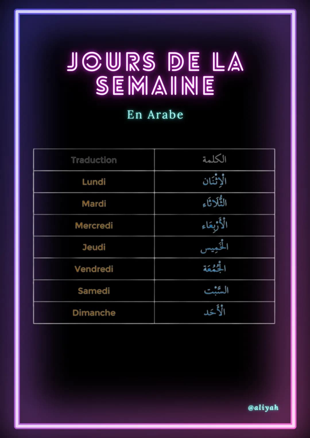 JOURS DE LA
SEMAINE
En Arabe
Traduction
Lundi
Mardi
Mercredi
Jeudi
Vendredi
Samedi
Dimanche
الكلمة
الإثنان
الثلاثاء
الأربعاء
الخميس
الجمعة
ا