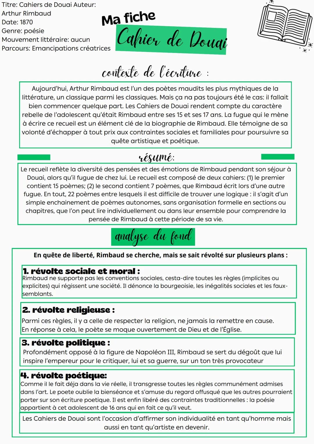 # Ma fiche

## Cahier de Douai

**Titre:** Cahiers de Douai **Auteur:** Arthur Rimbaud
**Date:** 1870
**Genre:** poésie
**Mouvement littérai