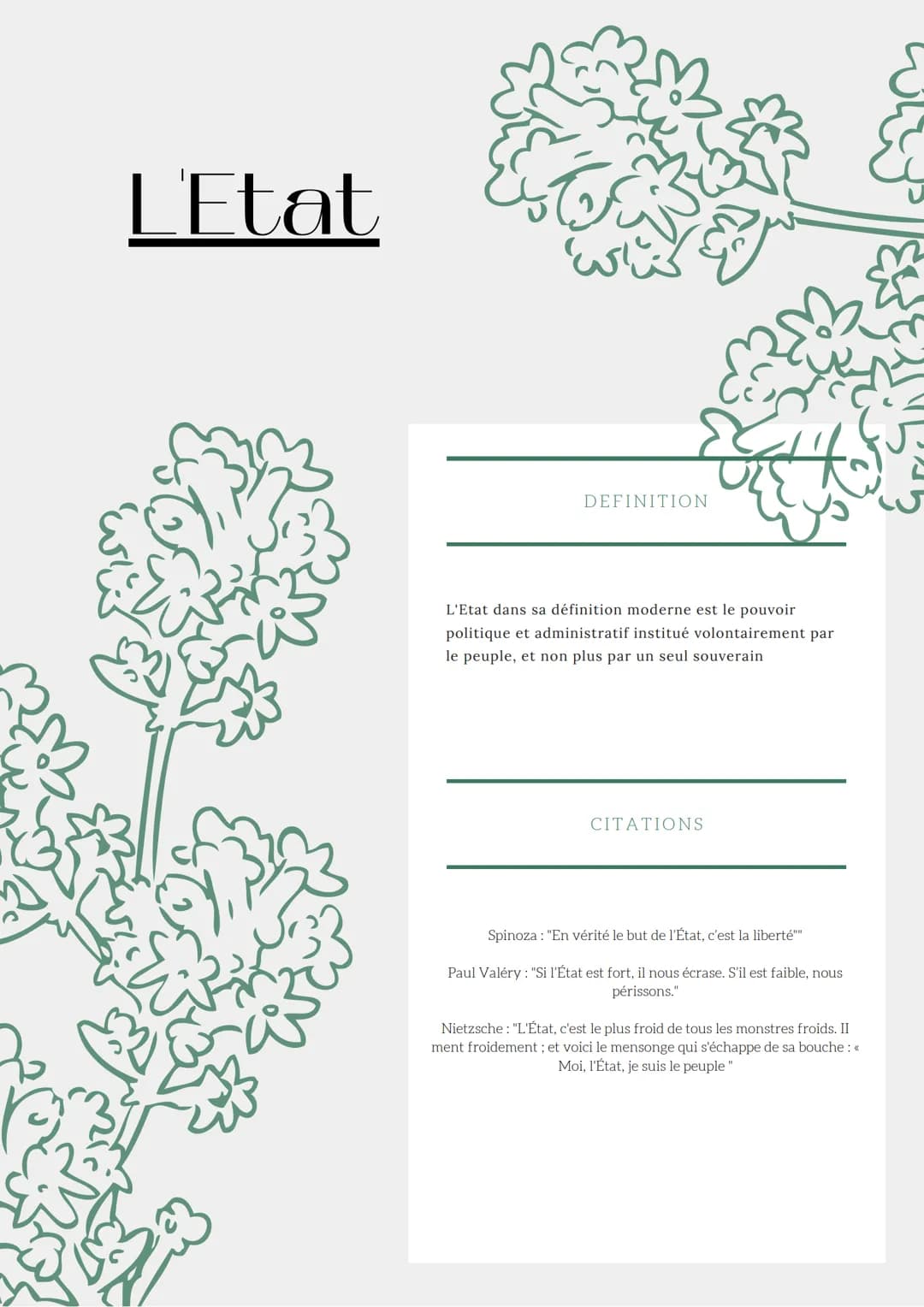 L'Etat
DEFINITION
L'Etat dans sa définition moderne est le pouvoir
politique et administratif institué volontairement par
le peuple, et non 