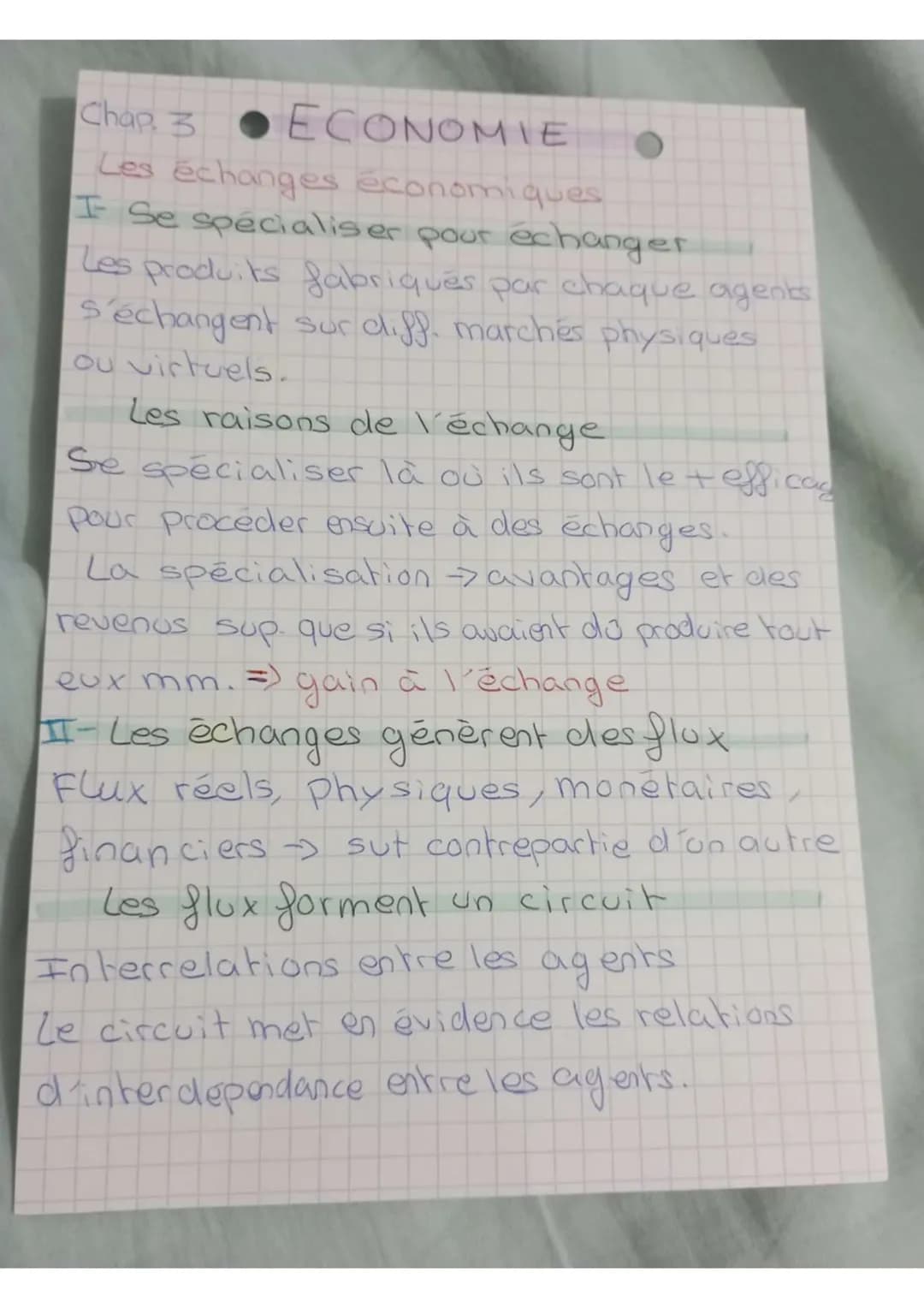 Chap. 3 ECONOMIE
Les échanges économiques
I Se spécialiser pour échanger
Les produits fabriqués par chaque agents
s'échangent sur diff. marc