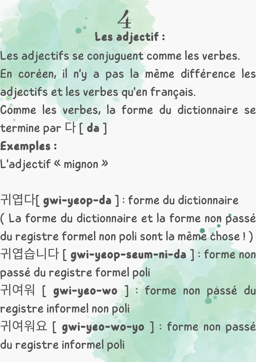 LE CORÉEN
Point grammaire I 1
Le coréen suit la typologie SOV c'est à dire «
sujet objet verbe ».
Il n'y a ni article, ni genre, ni nombre ;