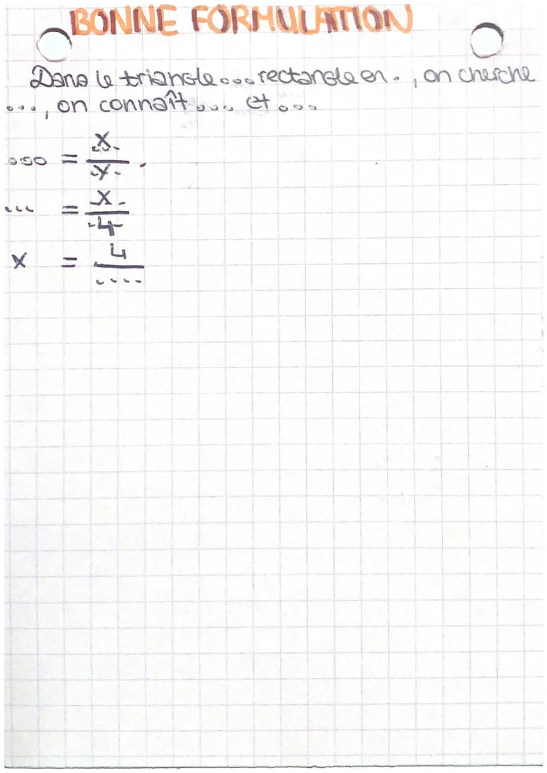 trigonométrie
FORMULES
-cosinus adjacent / hypoténuse
-sinus opposé//hy potenuse
-tangente oppose/adjacent
ATTENTION
le cosinus est toujours