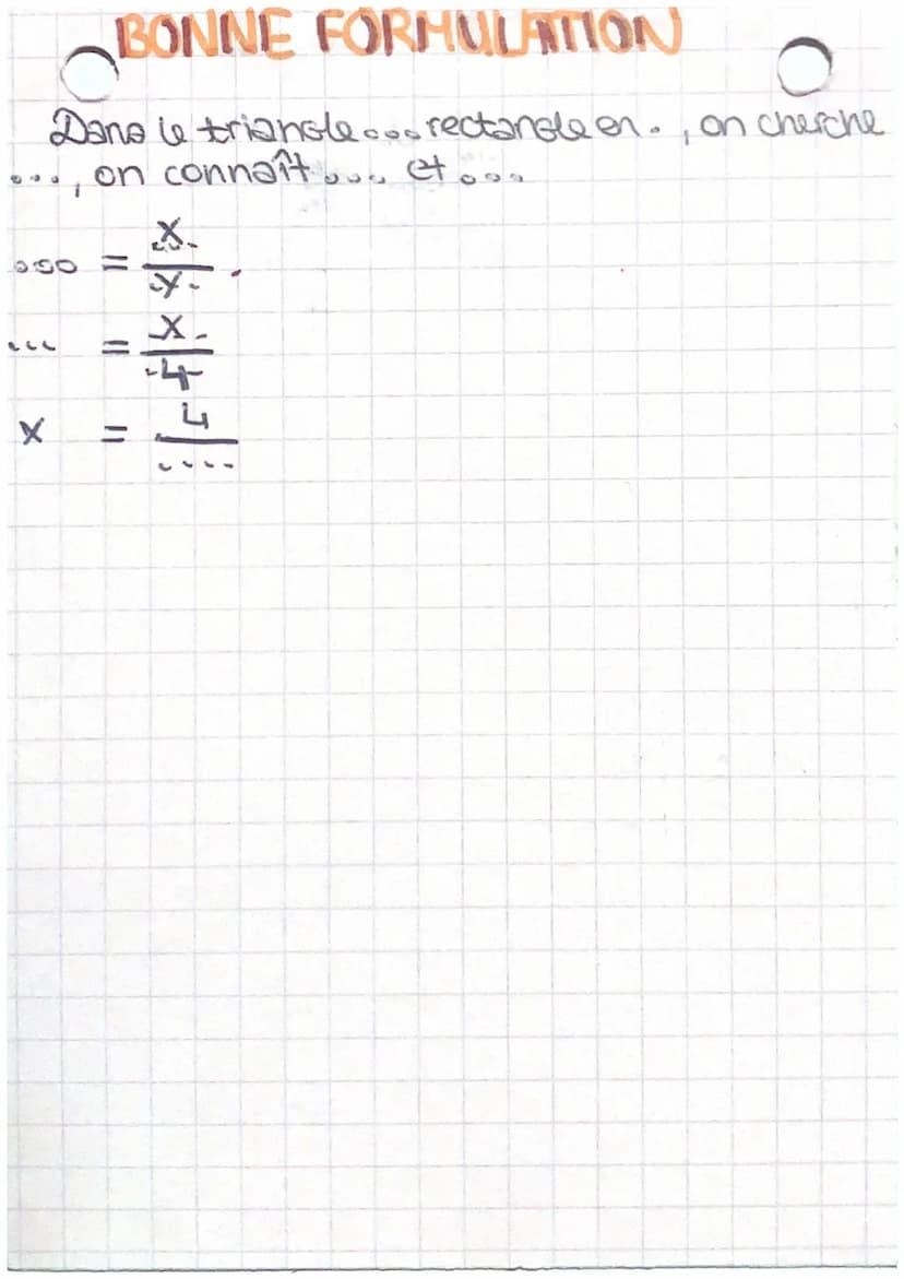 trigonométrie
FORMULES
-cosinus adjacent / hypoténuse
-sinus opposé//hy potenuse
-tangente oppose/adjacent
ATTENTION
le cosinus est toujours