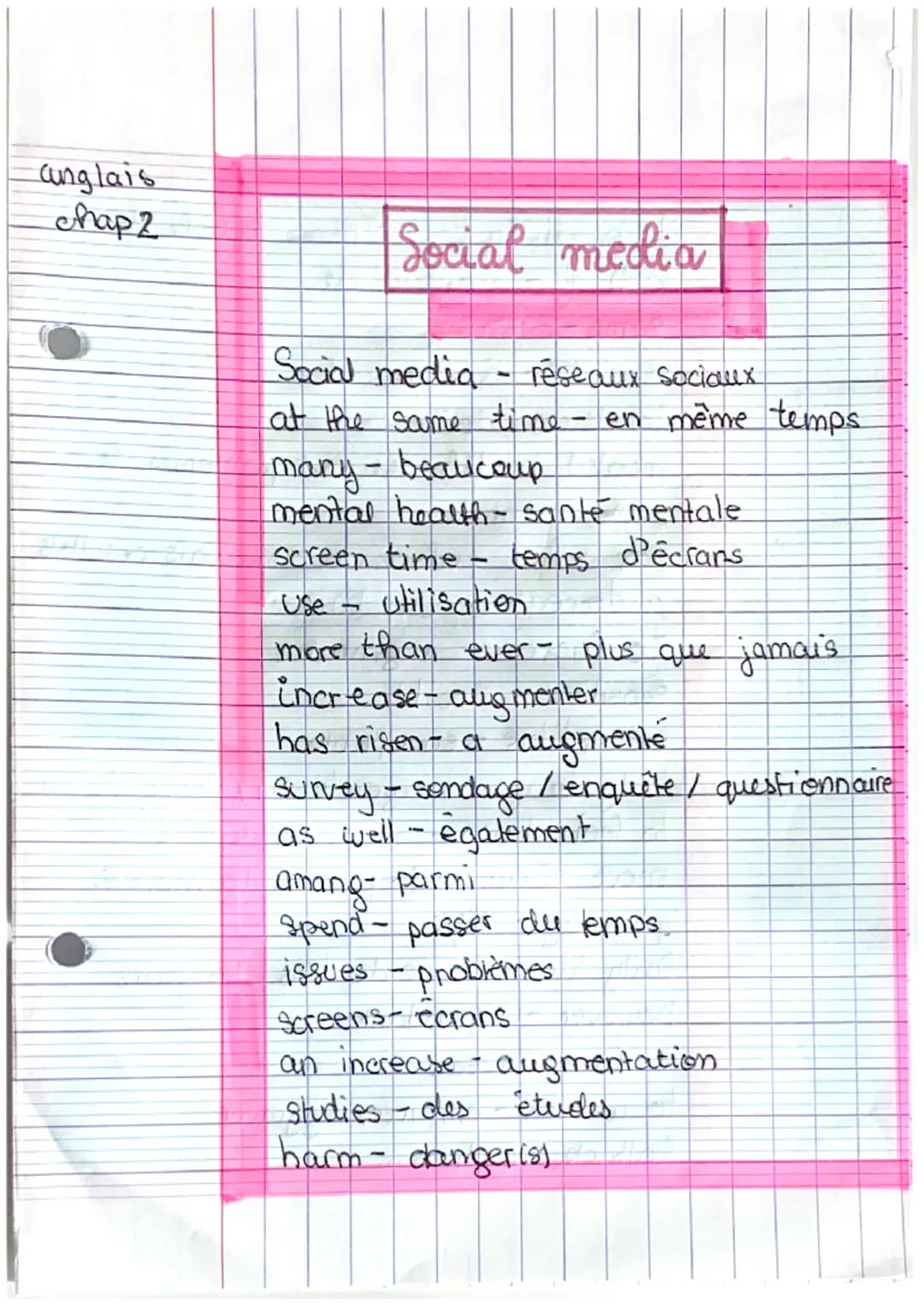 anglais
chap 2
Social media
Social media - réseaux sociaux
at the same time- en même temps.
many-beaucoup
mental health - santé mentale
scre