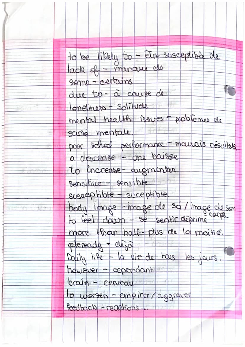 anglais
chap 2
Social media
Social media - réseaux sociaux
at the same time- en même temps.
many-beaucoup
mental health - santé mentale
scre