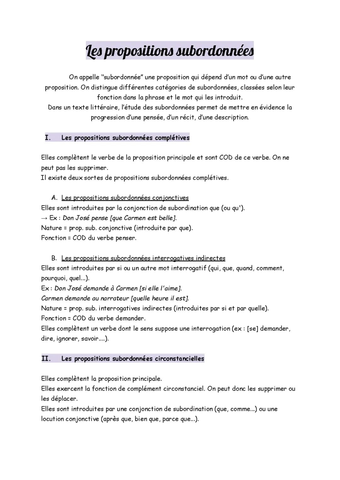 Question de grammaire - Les propositions subordonnées.