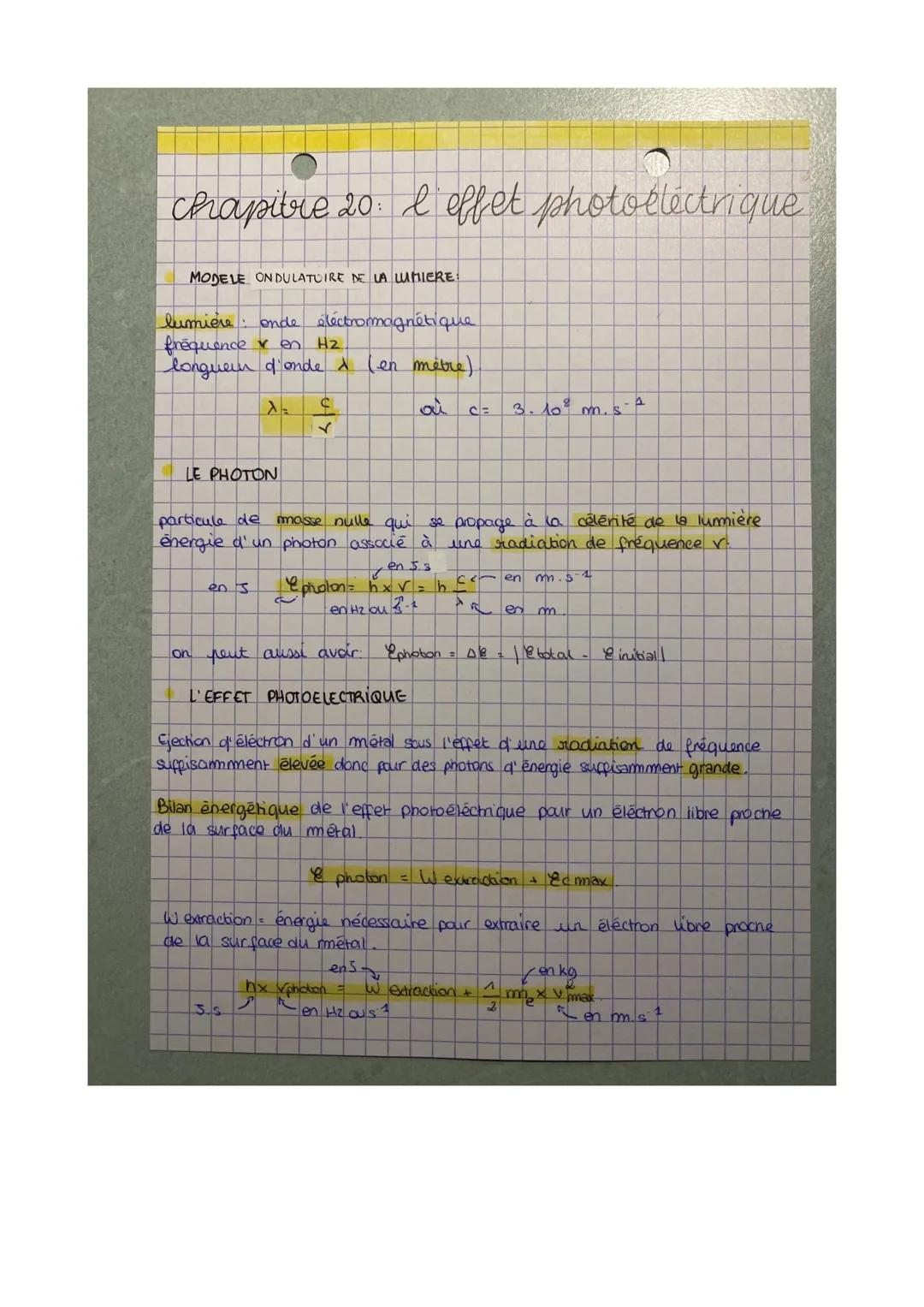 # chapitre 20: I effet photoelectrique

MODELE ONDULATUIRE DE LA LUMIERE:

lumière: onde éléctromagnétique
fréquence v en H2
longueur d'onde