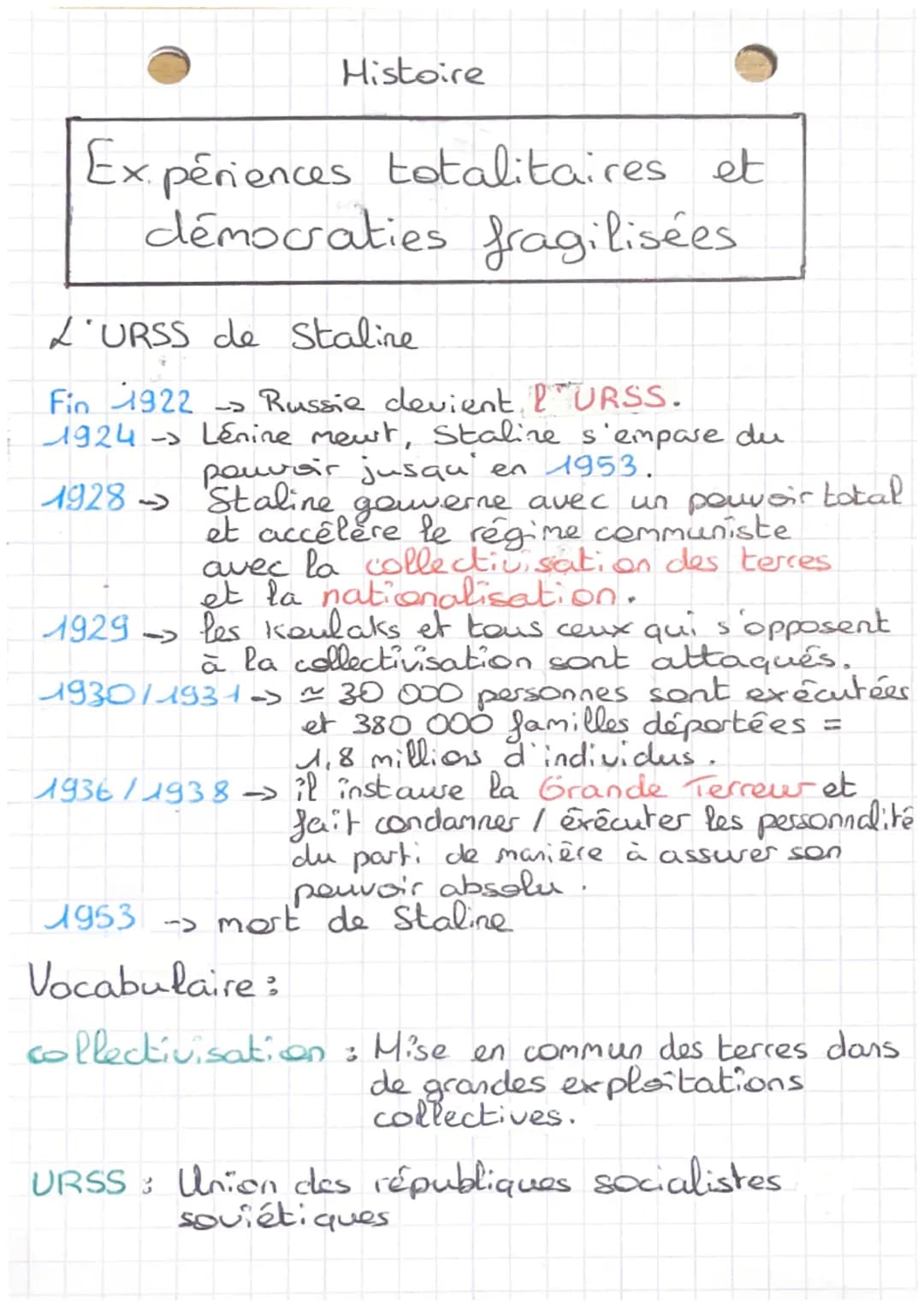 Histoire
Expériences totalitaires et
démocraties fragilisées.
L'URSS de Staline
1924 ->
Fin 1922 -> Russie devient l'URSS.
Lénine mewt, Stal