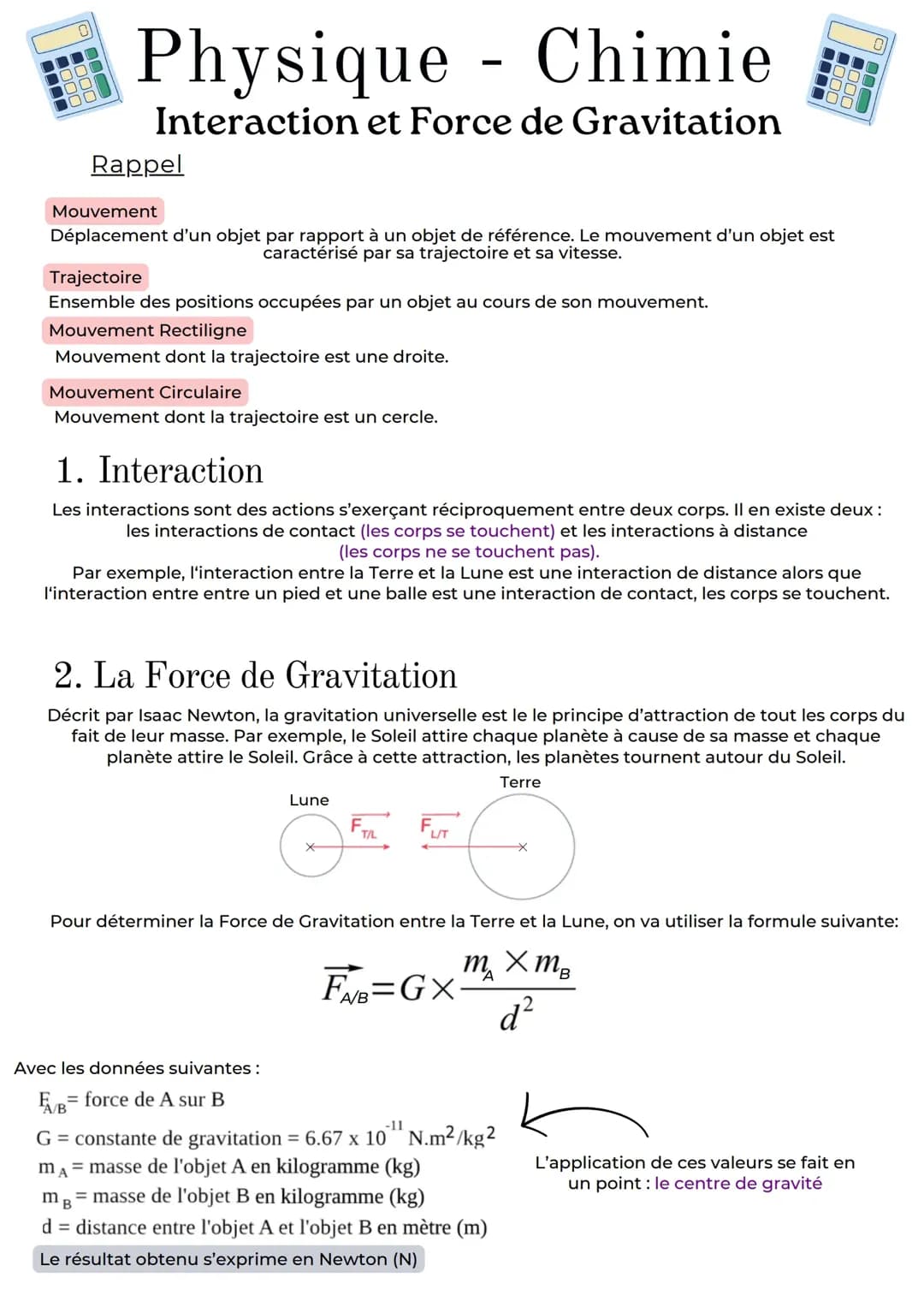 Interaction et Force de Gravitation
