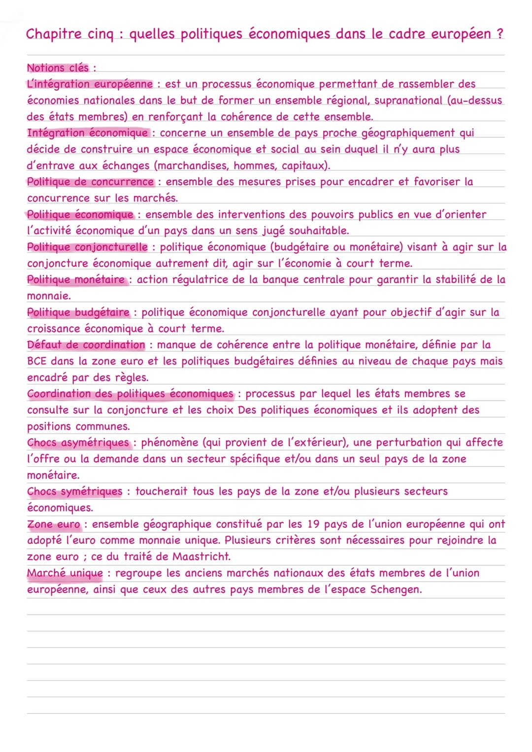 Chapitre cinq: quelles politiques économiques dans le cadre européen ?
Notions clés :
L'intégration européenne : est un processus économique