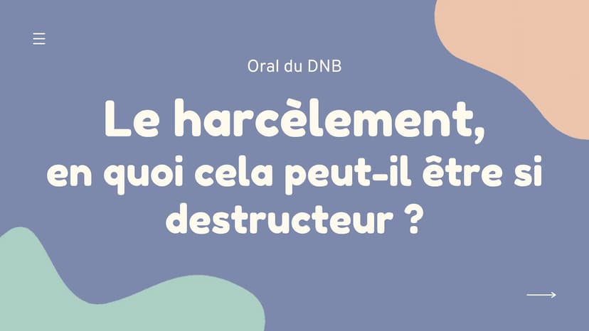 Oral du DNB
Le harcèlement,
en quoi cela peut-il être si
destructeur ? LE HARCÈLEMENT
ORAL DU DNB
I/INTRODUCTION
II/ DÉFINITION
III/ LES 7 T