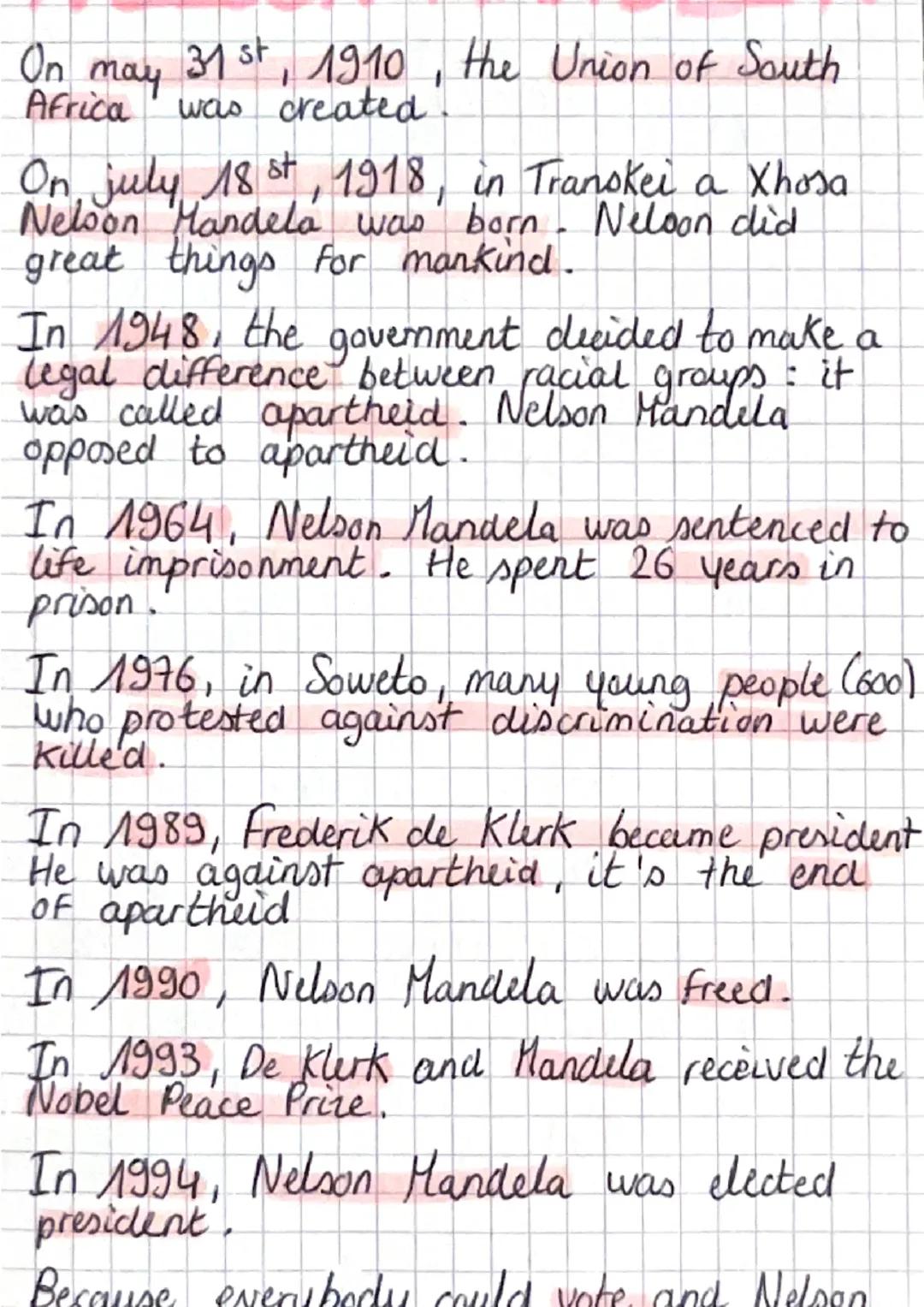 On may 31st, 1910, the Union of South
ca was created
Africa
On july 18 st, 1918, in Transkei a Xhosa
Nelson Mandela was born. Neloon did
gre