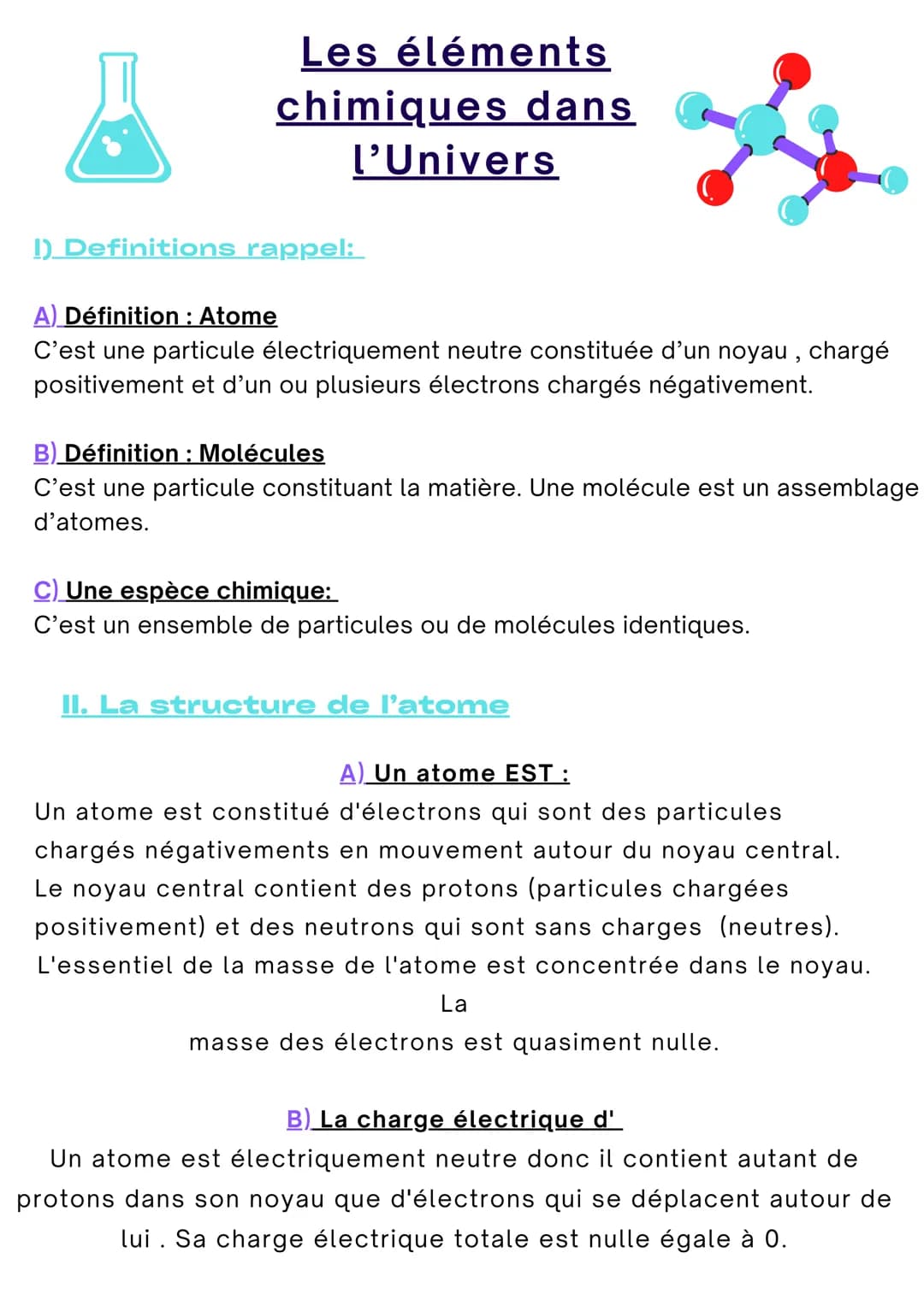 Les éléments
chimiques dans
l'Univers
1) Definitions rappel:
A) Définition: Atome
C'est une particule électriquement neutre constituée d'un 