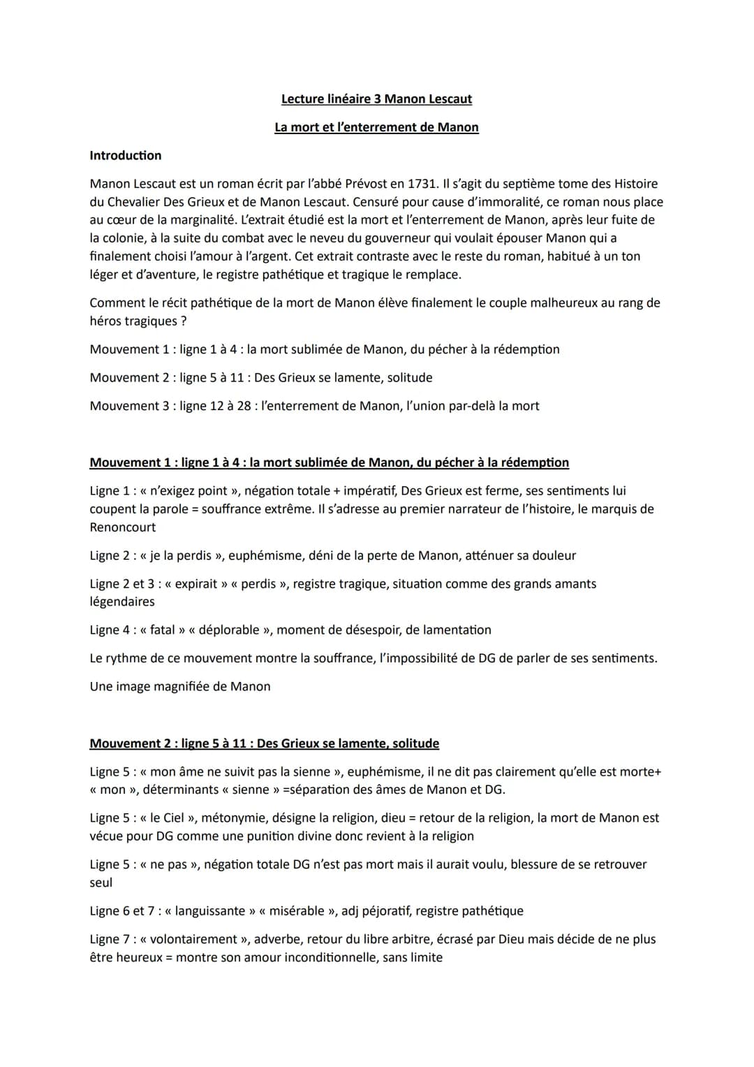 --- OCR Start ---
Lecture linéaire 3 Manon Lescaut
La mort et l'enterrement de Manon
Introduction
Manon Lescaut est un roman écrit par l'abb