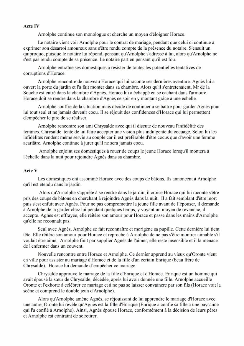 
<h2 id="actei">Acte I</h2>
<p>Sur une place en ville, deux bourgeois discutent : Arnolphe et Chrysalde. Arnolphe souhaite se marier avec un