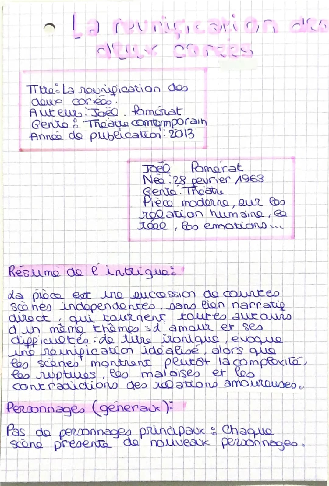 --- OCR Start ---
La reunification des
deux corres
Titre: La reunification des
deux corres.
Auteur: Joël. fomérat
Genre: Theatre contemporai