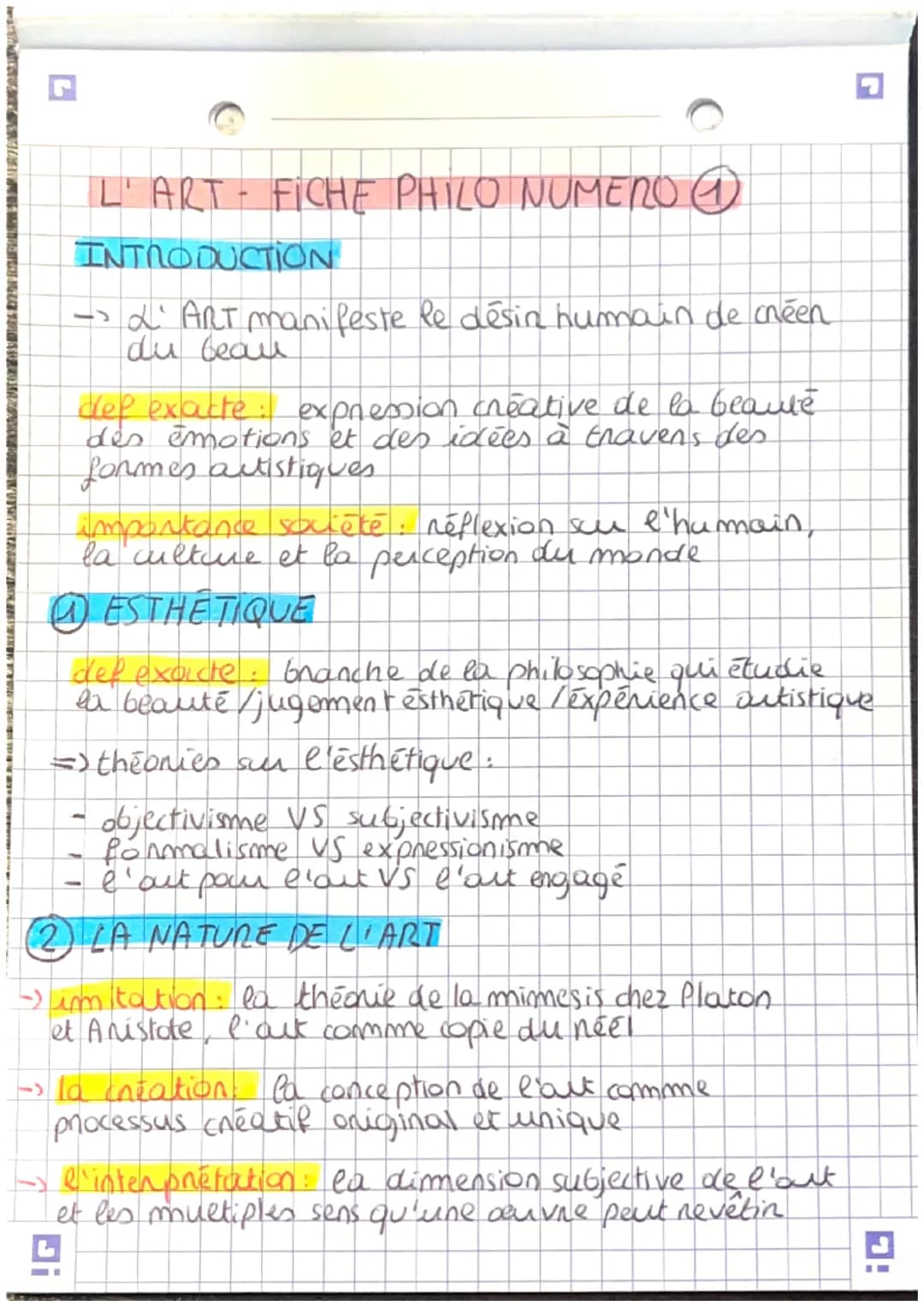 KEINECROMOTI
L'ART - FICHE PHILO NUMERO
INTRODUCTION
->L'ART manifeste Re désin humain de créen
du beau
dep exacte: expression creative de l