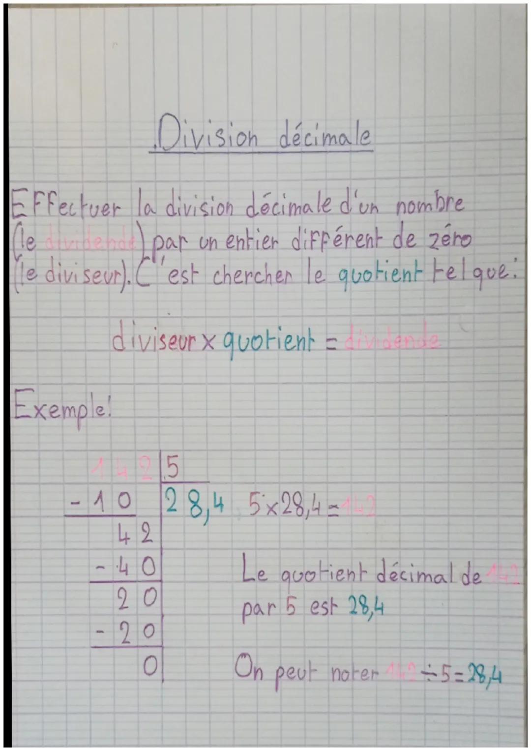 Division décimale
Effectuer la division décimale d'un nombre.
Alvine had par un entier différent de zéro
(e diviseur). C'est chercher le quo