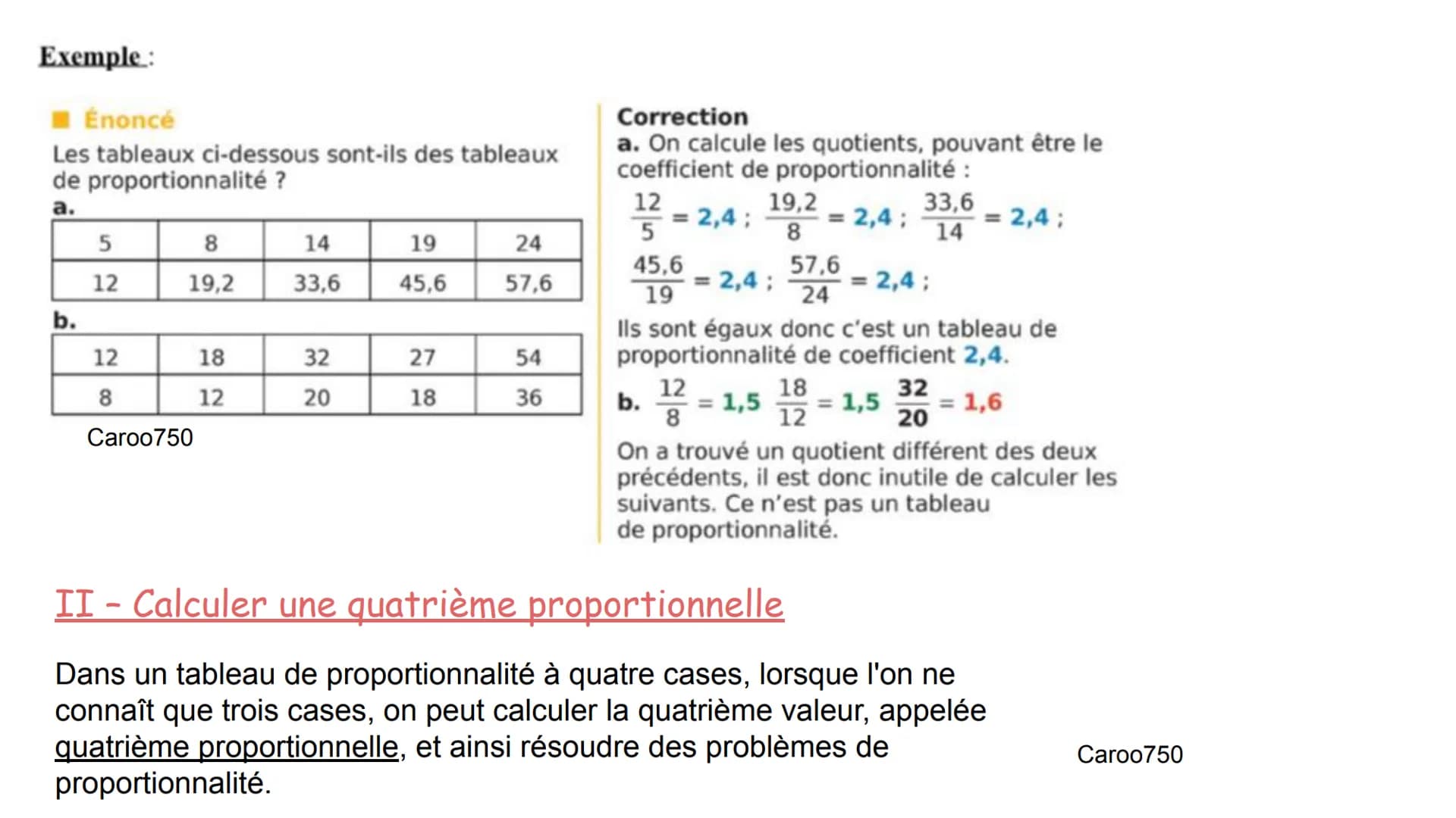 Caroo750
MATHS
Les Proporstionnalité
I - Reconnaître une situation de proportionnalité
Définition : Deux grandeurs sont proportionnelles si 