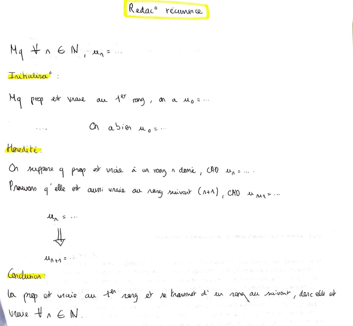 Mq n E N
Inihalisa :
prop
est vraie
лег
млн
els =
Conclusion:
la
prop
est vraie
vravie t₁EN.
Heredite.
On
suppore 9 prop est uncie
Prowans q