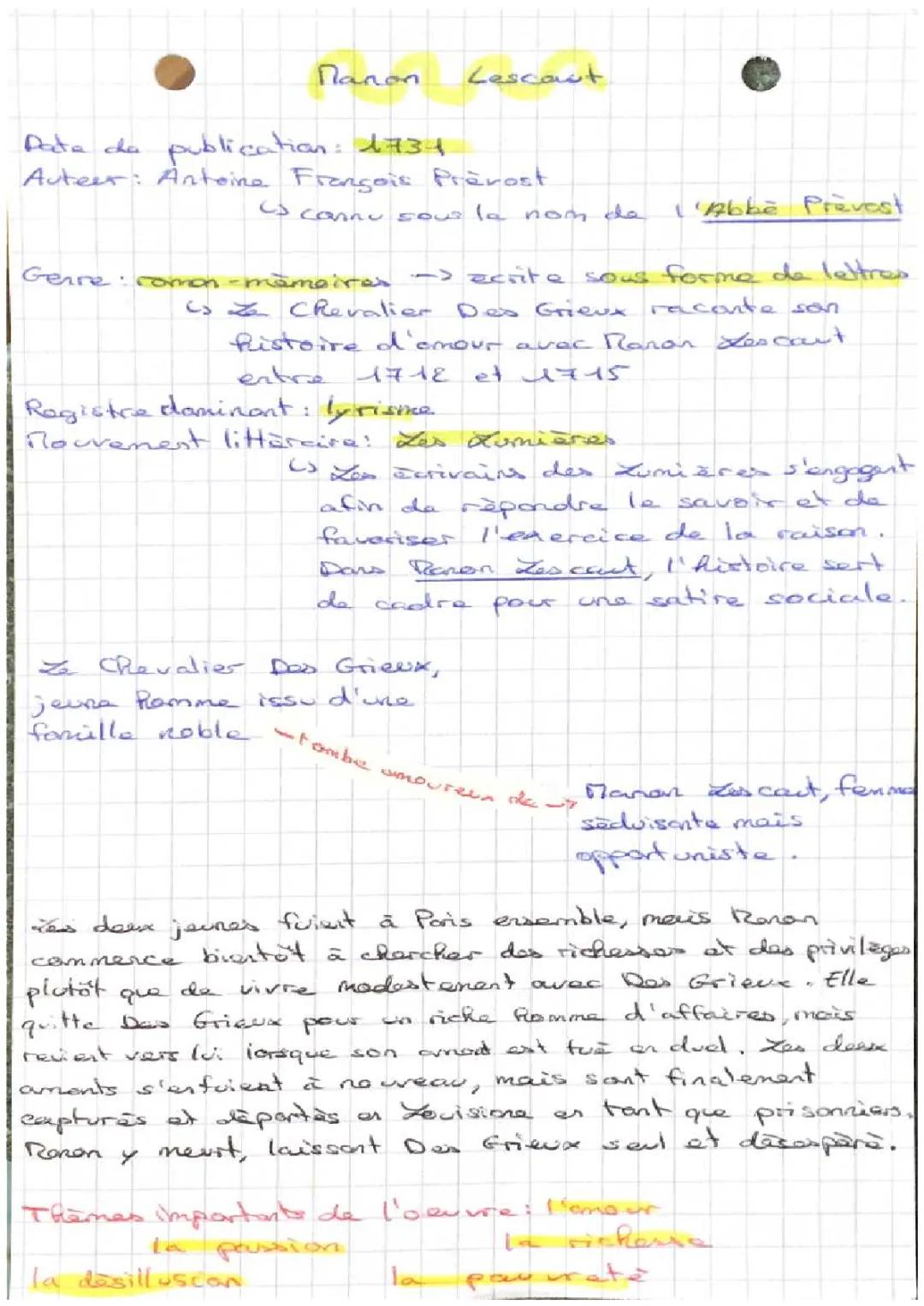 Fiche de lecture Manon Lescaut 