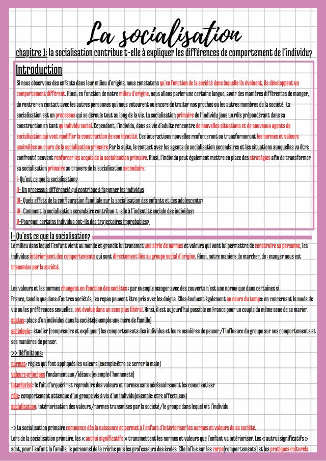 Know Ses chapitre 1 : la socialisation contribue t elle à expliquer les différences de comportements de l’individu?  thumbnail